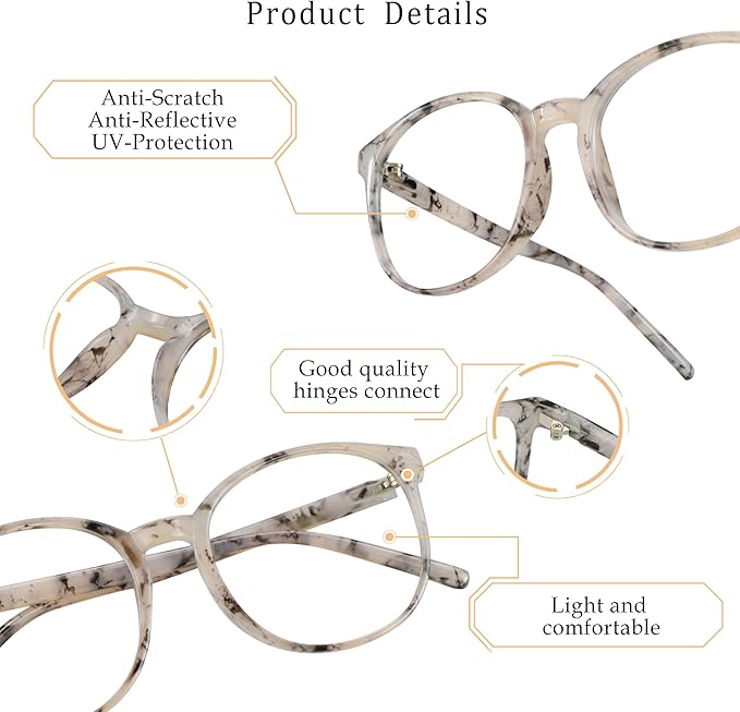 LifeArt Round Blue Light Blocking Glasses, Computer Glasses, Gaming Glasses, TV Glasses for Women Men (Marble, 1.50 Magnification)