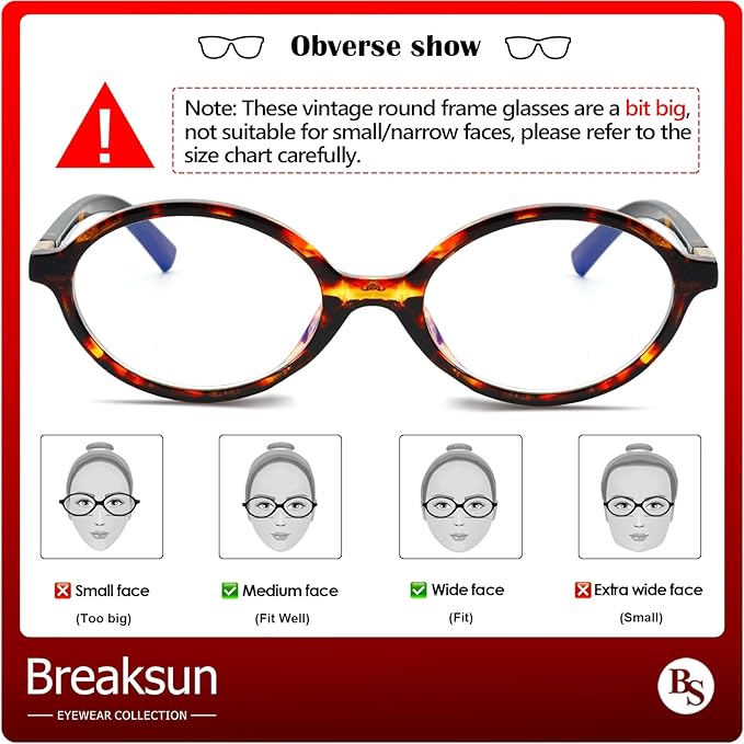 Breaksun Fashion Oval Glasses for Women Men Retro Round Tortoise Frame Blue Light Glasses Nerd Eyeglasses