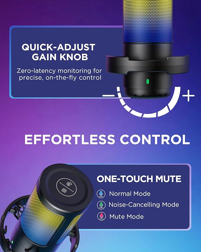 InnoGear Gaming USB Microphone, Noise Cancellation Condenser Mic with Mute, Gain, RGB Indicator, Boom Arm Stand for Streaming, Podcast, Twitch, YouTube, Discord, PC, Computer, PS4, PS5, Mac, Black