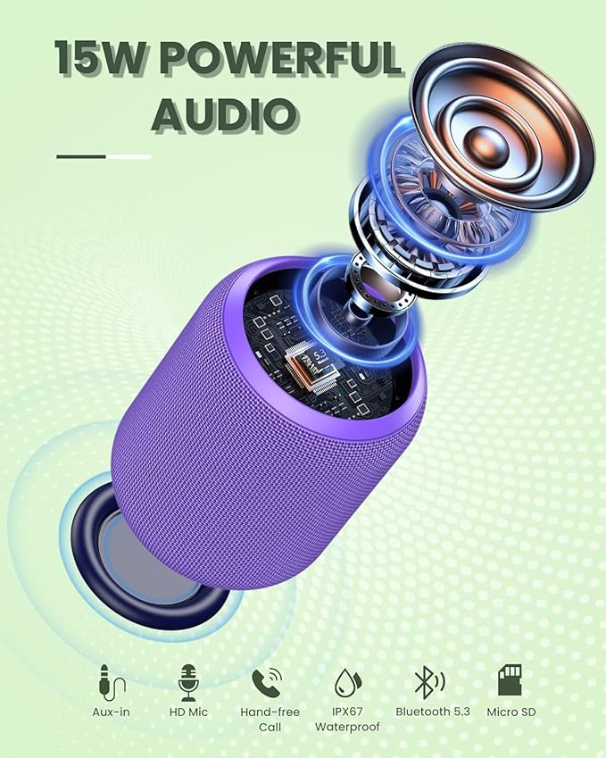 NOTABRICK Bluetooth Speakers,Portable Wireless Speaker with 15W Stereo Sound, IPX6 Waterproof Shower Speaker, Dual Pairs, Portable Speaker for Party Beach Camping, Purple