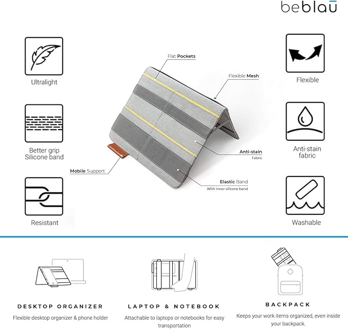 Beblau FOLD Portable TECH Organizer attachable to your Devices | Desk Sleeve | Gadget case | Working from Home Essentials | Laptop accessories | Backpack Insert | Portfolio |