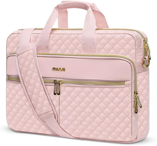 MOSISO 15-16 inch Laptop Bag, Laptop Briefcase Messenger Compatible with MacBook Pro 16/Air 15, HP, Dell, Lenovo, Square Quilted Computer Bag Work Office Business with 3 Pockets&Strap, Pink