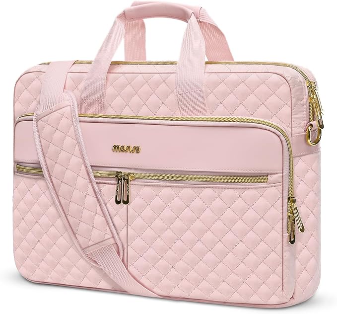 MOSISO 13-14 inch Laptop Bag, Laptop Briefcase Messenger Compatible with MacBook Neo 13 inch/Air 13.6/13 /Pro 13/14, Square Quilted Computer Bag Work Office Business with 3 Pockets&Strap, Pink