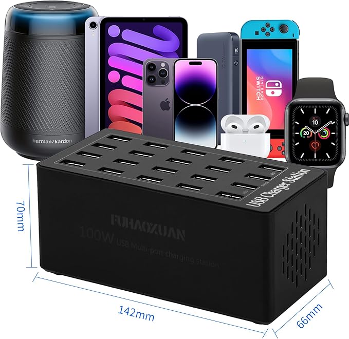 100W 20Port USB Charging Station, Multi USB Charger for Multiple Devices (Black, 2 Pack)