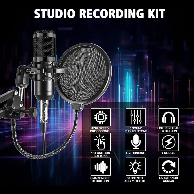 ALSO GO Podcast Equipment Bundle, Professional BM-800 Podcast Microphone with Adjustable Stand, V10XPRO Audio Mixer, Voice Changer, Audio Interface Suitable for Podcasting, Singing, Gaming