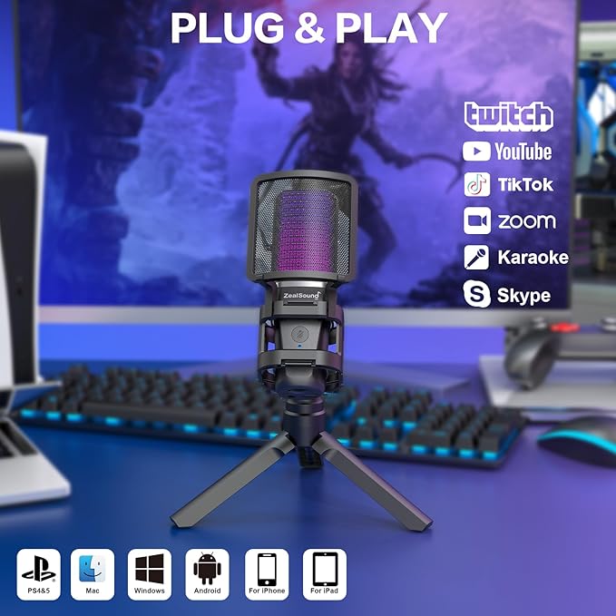 ZealSound Gaming USB Microphone for PC,RGB Condenser Computer Mic with Tripod Stand,Quick Mute,Gain Control for Gaming,Streaming,Podcasting,Recording,ASMR,Cardioid Mic Kit for Laptop/PS4/PS5/Phone
