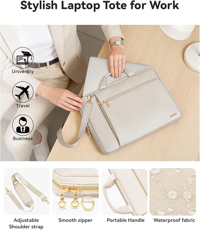 Laptop Case Bag Women Men Computer Sleeve Compatible with MacBook/Dell/HP/Acer/ASUS/LG, Waterproof Shoulder Carrying Briefcase, Beige, 15.6-16 Inch