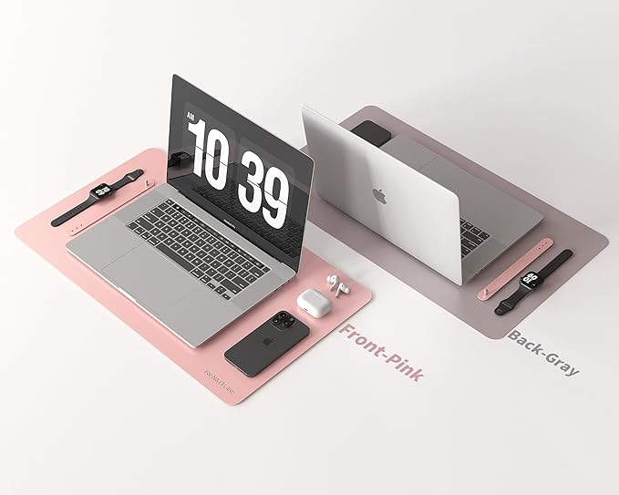 RENMTURE Double-Sided Two-Tone Faux Leather Desk mat Desktop Organization and Accessories Home and Office Large Mouse pad Game and Work (Pink/Gray, 23.6" x 13.7")