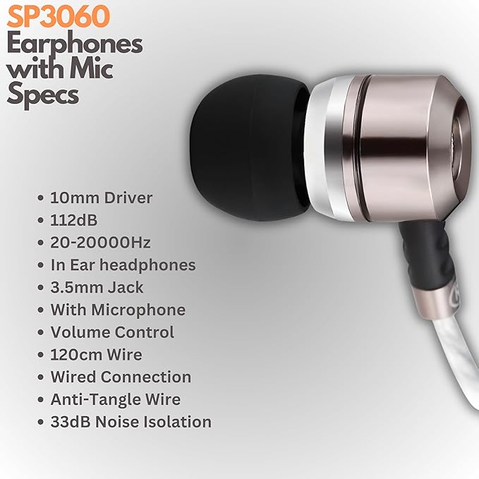 Sephia SP3060VC Wired Earbuds with Mic, in Ear Headphones with Deep Bass, Noise Isolating Earphones, 10mm Drivers, Tangle Free Cable, 3.5mm Jack