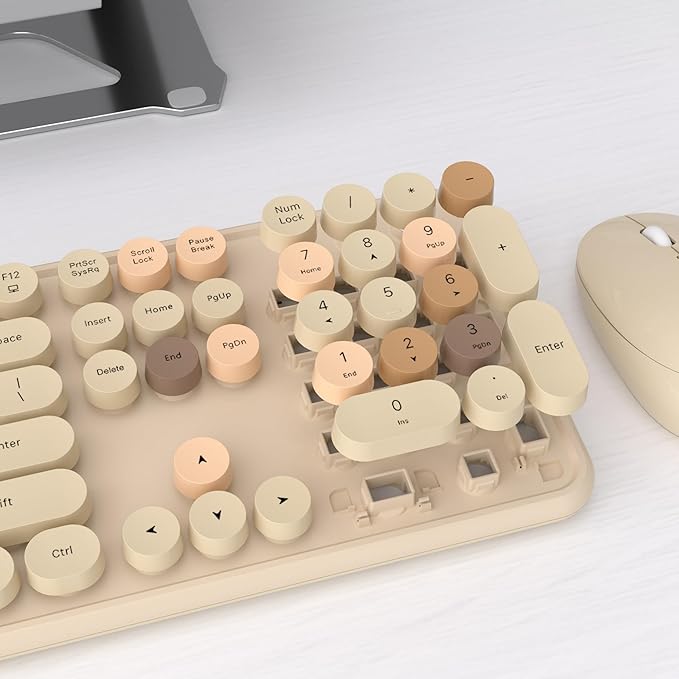UBOTIE Colorful Computer Wireless Keyboards Mouse Combos, Typewriter Flexible Keys Office Full-Sized Keyboard, 2.4GHz Dropout-Free Connection and Optical Mouse (Milk Tea -Colorful)