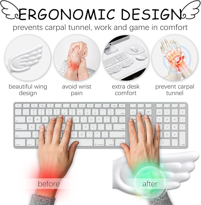 JIKIOU Angel Wing Wrist Rest Ergonomic Memory Foam Wrist Rest for Computer Keyboard Mouse Set, Cute Leather Keyboard & Mouse Support with PU Anti-Slip Base Waterproof White