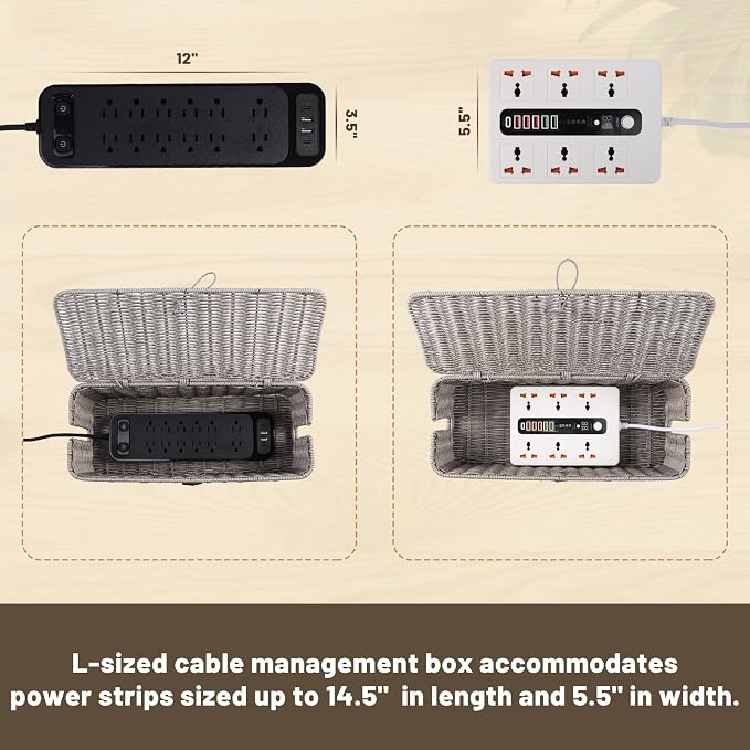 BROWNLILY Cable Management Box, Rattan Style Cord Organizer for Desk Cord Hider Outlet Covers Baby Proofing for Power Strip TV PC Router Charger Under Desk Storage with Lockable Lid and Cable Ties - Image 4