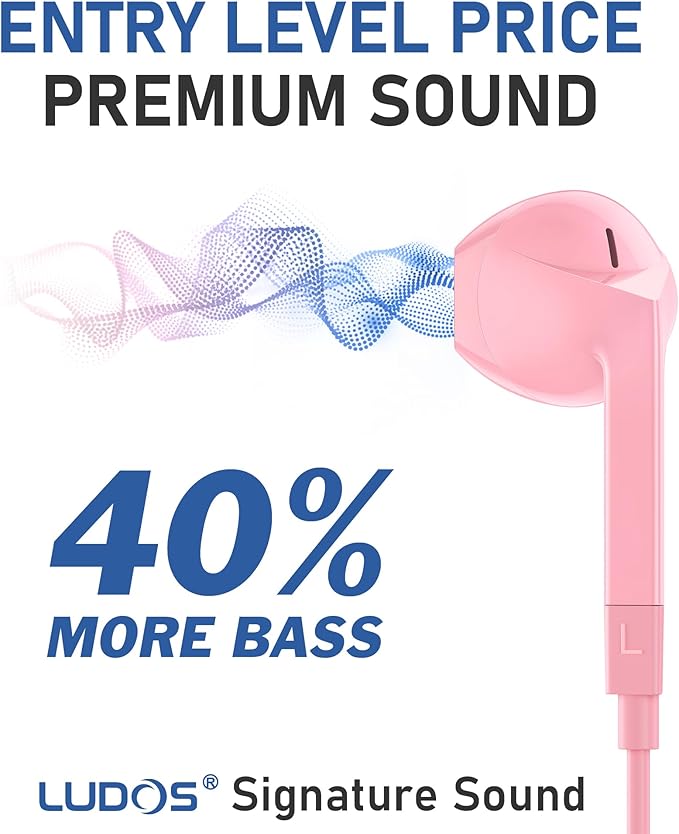 LUDOS FEROX Wired Earbuds in-Ear Headphones, 5 Year Warranty, Earphones with Microphone, Noise Isolation Corded for 3.5mm Jack Ear Buds for iPhone, Samsung, Laptop, Kids, School Students - Pink