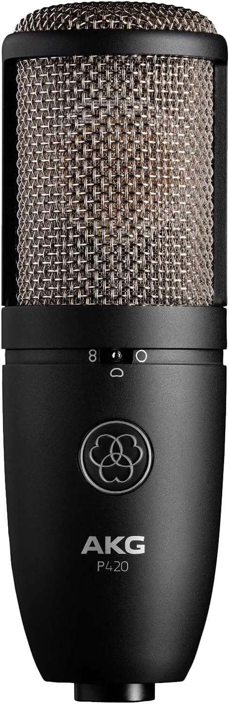 AKG Pro Audio P420 Multi-Pattern Condenser Microphone with Shock Mount and Case. Great for ensemble recording, grand piano, woodwind, brass instruments, drums and percussion. Black and Gold.