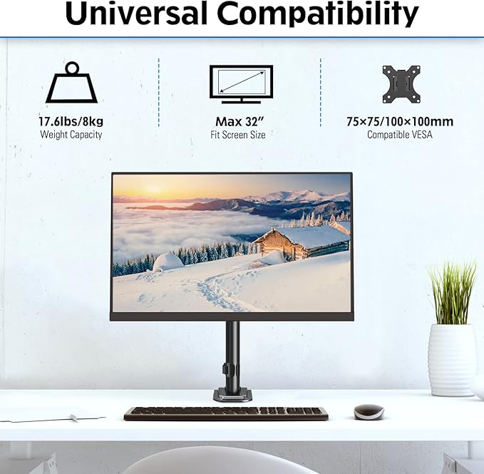 MOUNTUP Single Monitor Mount, Adjustable Monitor Stand for Max 32 Inch Flat Curved Computer Screen, Monitors Arm Desk Mount Fit VESA 75x75& 100x100, up to 17.6lbs, with C-Clamp and Grommet Base, Black