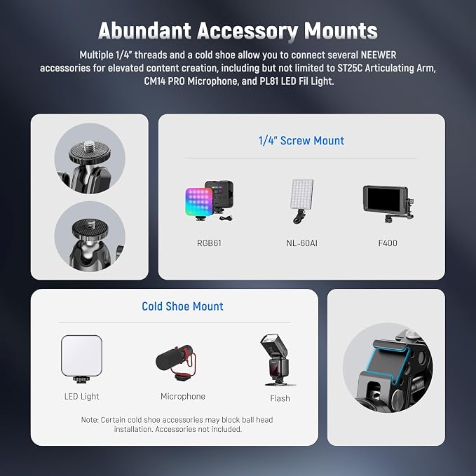 NEEWER Super Clamp with 3" Dual Ballhead Magic Arm, Ball Head Adapter, Cold Shoe, Phone Holder, Action Camera Clamp Mount for Flat/Round Surface Compatible with GoPro DJI iPhone 15 Pro Max, ST85 - Image 5