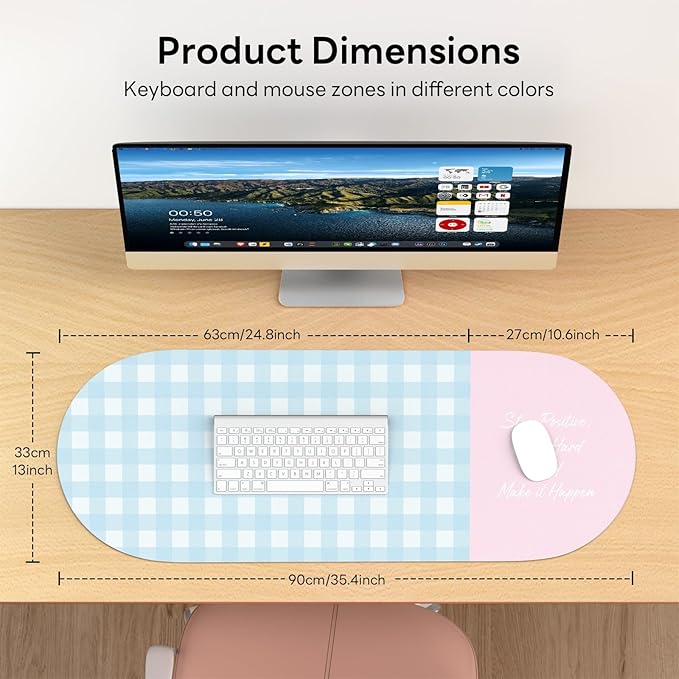 Checkered Pattern Desk Pad Protector, 35.5 x 13'' Aesthetic Mouse Mat for Desktop, Waterproof PU Leathe Non-Slip Desk Writing Pad for Office and Home, Blue and Pink
