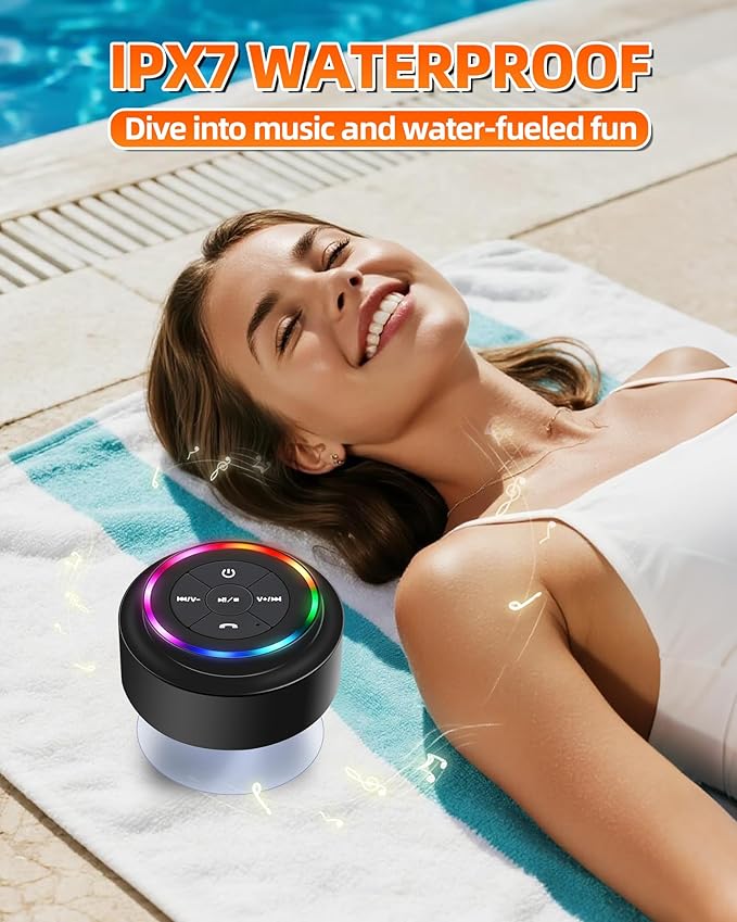Waterproof Bluetooth Shower Speaker, Portable Wireless Speaker with Suction Cup, Small Portable Wireless Outdoor Speakers, 6 Mode RGB Lights, for Shower Bathroom Pool Beach, Gift Ideas for Christmas