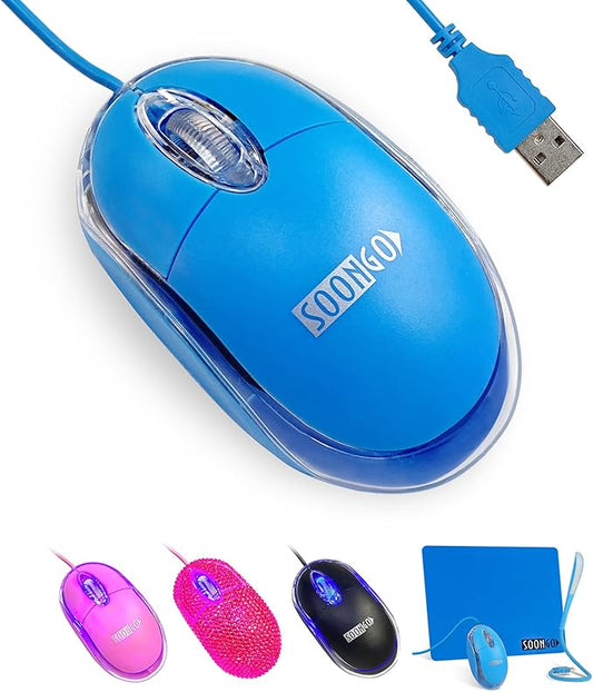 SOONGO Kids Mouse for Laptop USB Ergonomic Optical Mouse Blue Color 1.5M Cable