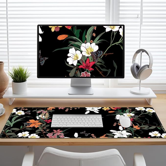Desk Matt for Desktop, Desk Pad Mat, Desk Mat for Keyboard and Mouse, Large Mouse Pad for Desk, Anti-Slip Big Mousepad with Stitched Edges, Mouse Mat for Computer Laptop, Blooming Lilies Flowers
