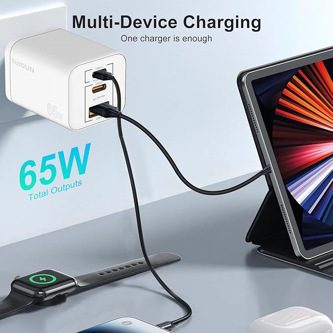 65W USB C Charger,PD3.0 GaN USB C Charger for Travel, Fast Charger for MacBook Pro/Air, iPad, Galaxy S24 Ultra, Dell XPS, iPhone 15 Pro and More(White)