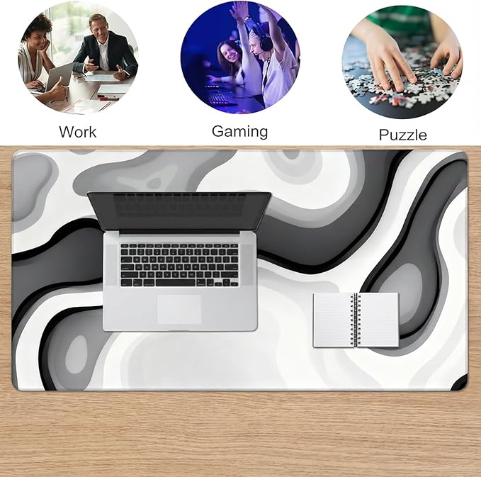 AQQA Large Gaming Mouse Pad 31.5x15.7 Inch, Abstract Desk Mat with Non-Slip Base & Stitched Edge, Gray Cute Keyboard Mat for PC Desktop, Office Home Decor, Modern Colorful Design