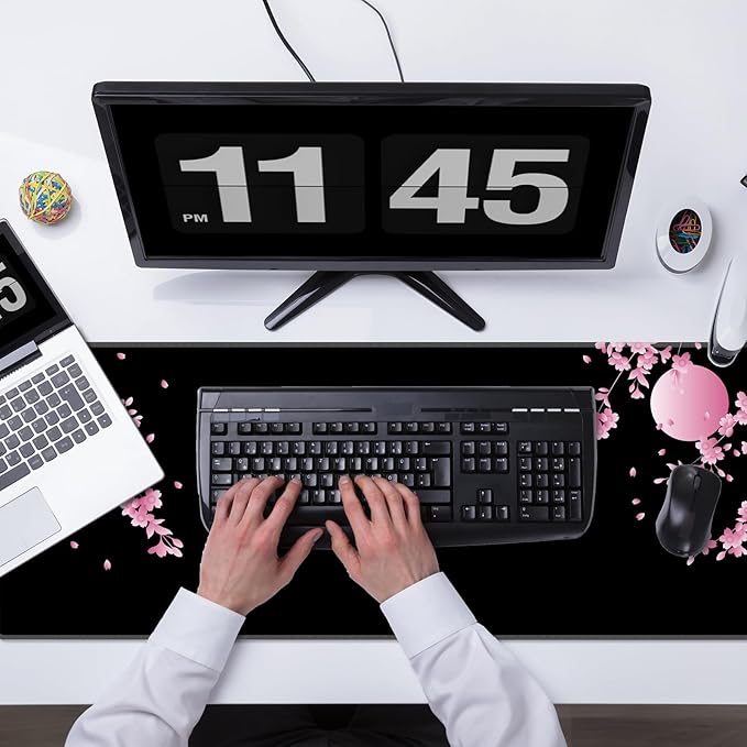 Japanese Cherry Blossom Gaming Mouse Pad XL, Black Desk Mat Large Mouse Pad Long 31.5x11.8in, Extended Big Desk Pad Pink Flower Mousepad with Non-Slip Base and Stitched Edges for Work Gaming Office