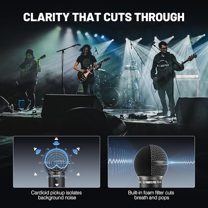 Phenyx Pro Dynamic Vocal Microphone, Cardioid Microphone with ON/Off Switch, 16.4 ft XLR Cable, Mic Clip, Storage Bag, Wired Handheld Mic for Singing, Stage, Studio, Karaoke (PM-25S)