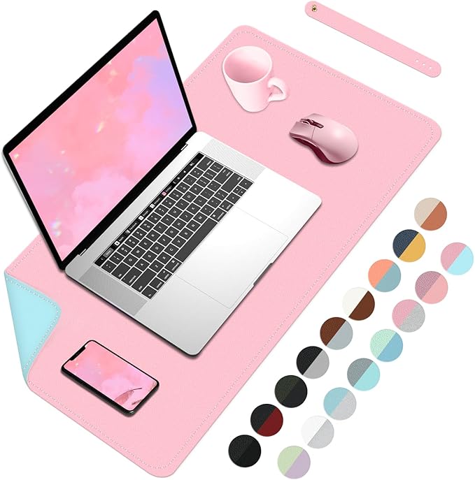 Bleswin Double-Sided Desk Mat, 23.6''×13.8'', PU Leather Mouse Pad, Waterproof Desk Pad, Laptop Leather Desk Mat, Protector for Keyboard and Mouse for Office and Home (Light Pink+Light Blue)