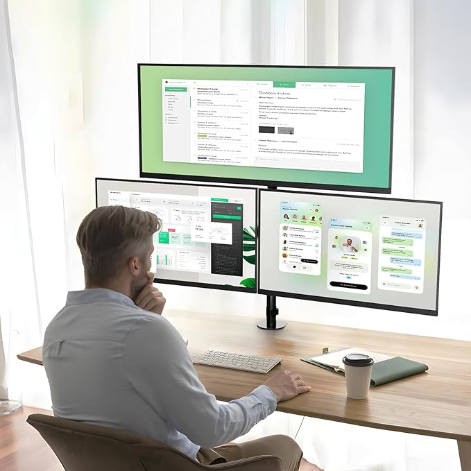 UPGRAVITY 3 Monitor Desk Mount for 17 to 32 inch Screens, Fully Adjustable Triple Monitor Stand with Tilt,Swivel,Rotate, Each Arm Holds up 17.6 lbs,VESA Mount 75x75/100x100mm, Clamp & Grommet Kit