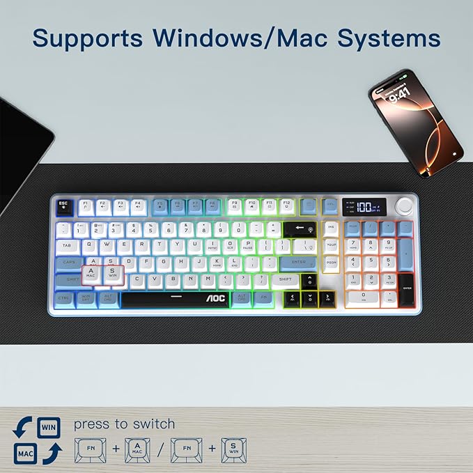 AOC GK210 Wireless Gaming Keyboard with Display & Knob, Tri-Mode BT5.0/2.4GHz/Wired Connectivity RGB Backlit Keyboard with Number Pad, 98-Key Layout, 26-Key Anti-Ghosting, Compatible for Mac, Windows