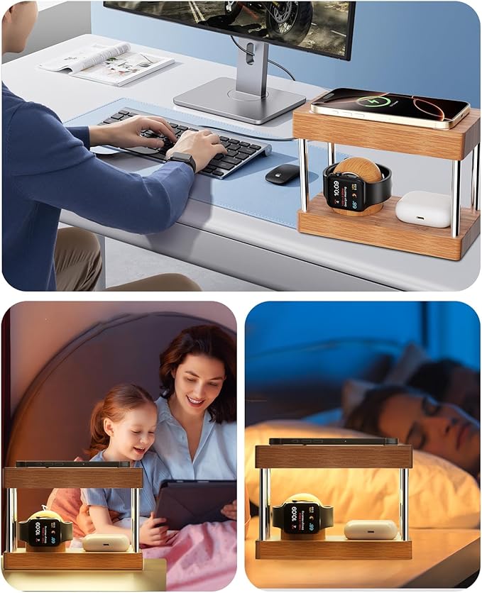 Bamboo Wireless Charging Station with Light: Ideal Gifts for Her Him 4 in 1 Charging Station for Multiple Devices, Bedside Wireless Charger for iPhones 16-8/Pro/AirPods/iWatch