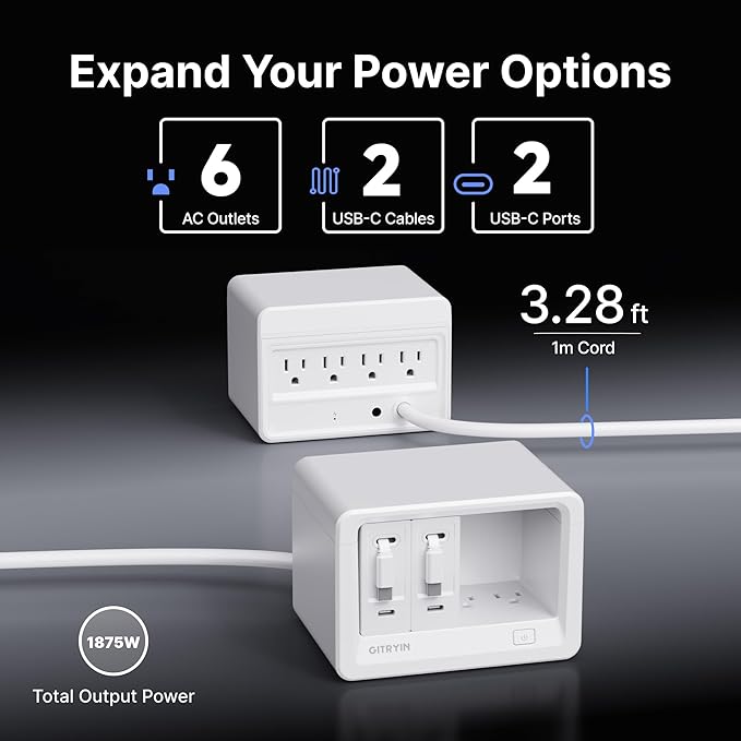 Gitryin 10-in-1 Desktop Charging Station with 2 Retractable Wall Chargers, 40W USB-C Power Strip with 6 AC, 2 USB C, 2 Type-C 33.5in Cables, Extension Cord with 1020J Surge Protection for Home Office