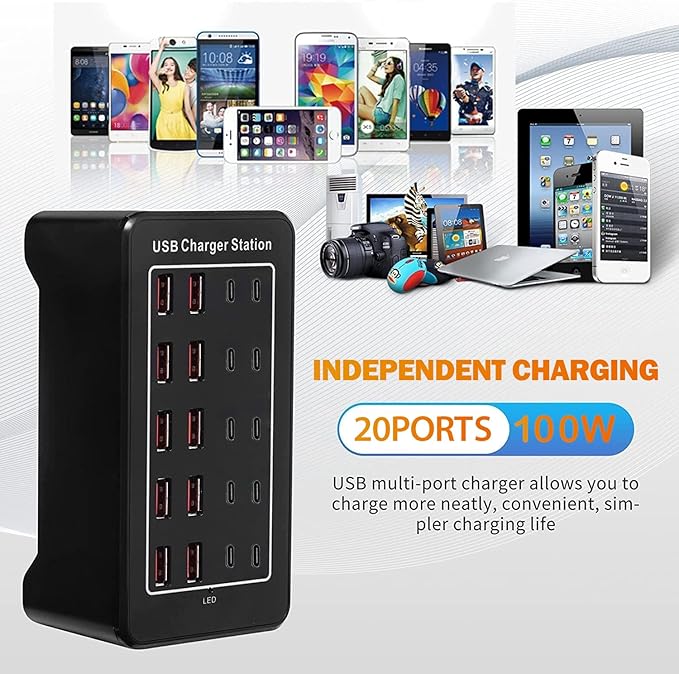 USB Charging Station, USB C Charger Block, 20Port (20A) Multiple Charging Hub Desktop 10 Port USB Charger Compatible for Apple iPhone, iPad, Samsung, Pixel, Cell Phone, Tablets, Office Home Use