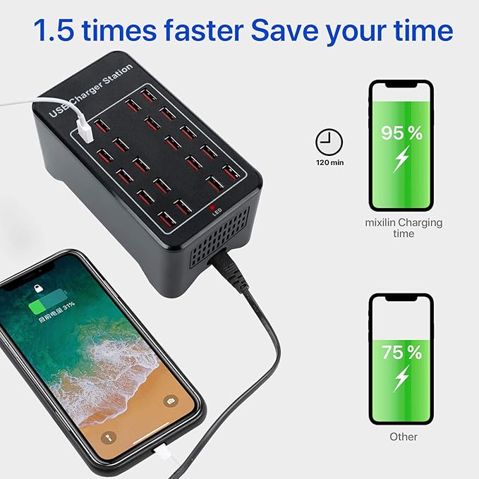 30-Port Charger, USB Charger Station, USB Fast Charger, Smart Charging Recognition, Suitable for Travel, Family Gatherings, Schools, Shopping malls, Hotels, Shops