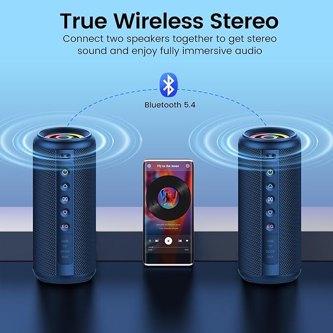 Portable Bluetooth Speaker, 2026 Bluetooth 5.4 Wireless Speaker with 20W HD Loud Stereo Sound, 20H Playtime, LED Lights, IP7, TWS Pairing, Built-in Mic, for Outdoor, Home, Beach, Party, Gift, Blue