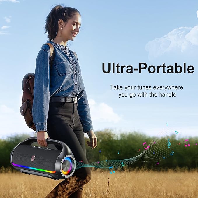 Portable Bluetooth Speaker with 2 Wireless Microphones, IPX5 Waterproof Speakers with Deep Bass & LED Lights, Loud Stereo Portable Speaker for Outdoor Indoor Home Parties Hiking Camping