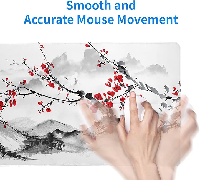Japanese Cherry Blossom Gaming Mouse Pad 27.6x11.8 Inch Pink Full Desk Sakura Large Non-Slip Rubber Base Waterproof Big Keyboard Mat With Stitched Edges for Office