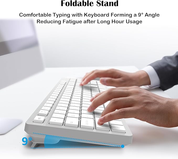 LeadsaiL K786 Wireless Keyboard and Mouse Combo, 2.4GHz Lag-Free Wireless, Full Size Ergonomic Keyboard Silent Mouse for Windows Mac PC Laptop, 12 FN Shortcuts, Long Battery Life - White and Grey