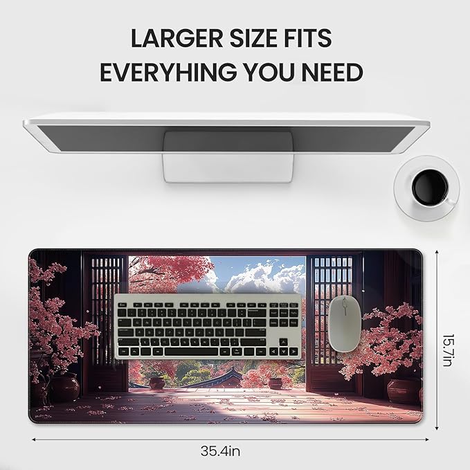 Extended Gaming Mouse Pad, Japanese Cherry Blossom Mountain Design, 35.4 x 15.7 Inches, Microfiber Cloth, Non-Slip Rubber Base, Stitched Edges