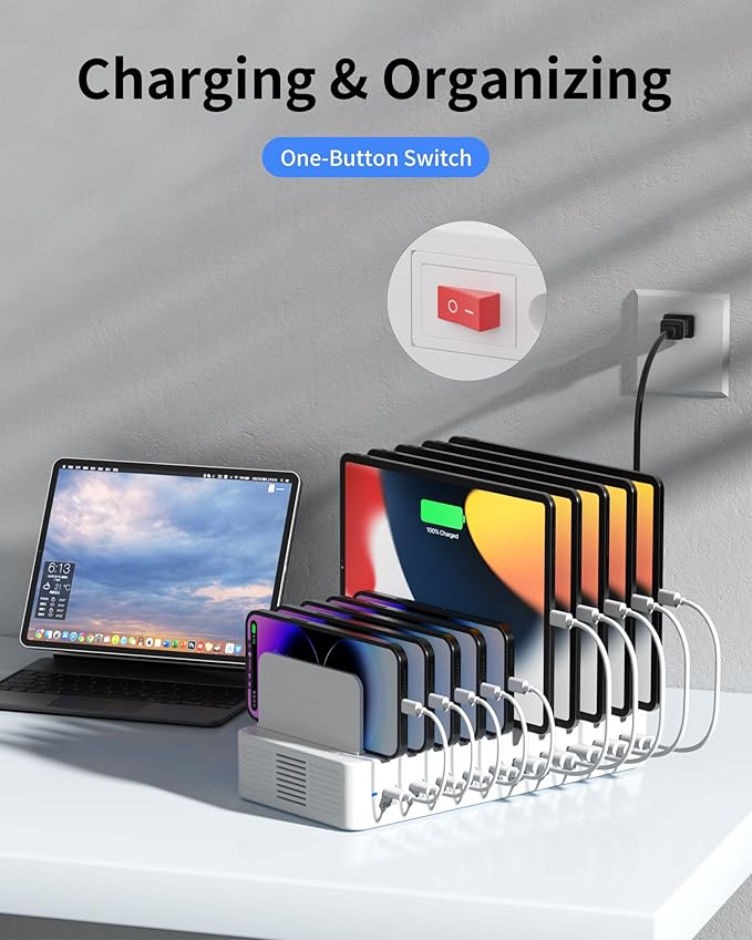 100W Charging Station for Multiple Devices, 10-Port USB Fast Charging Station with Adjustable Dividers & 10 Cables- Multi Device Organizer Charging Dock for iPhone, iPad, Tablets & More(White)