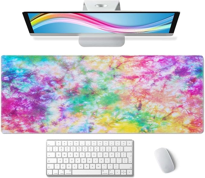 Colorful Tie Dye Pattern Desk Mat, Extended Big Mouse Mat for Home and Office, Large Gaming Mousepad Laptop Keyboard Mat with Non-Slip Rubber Base, Stitched Edges (31.50"x11.8"x0.12")