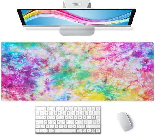 Colorful Tie Dye Pattern Desk Mat, Extended Big Mouse Mat for Home and Office, Large Gaming Mousepad Laptop Keyboard Mat with Non-Slip Rubber Base, Stitched Edges (31.50"x11.8"x0.12")