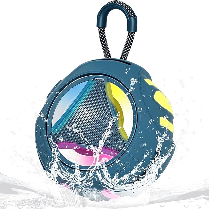 Portable Bluetooth Speaker, IPX7 Waterproof Shower Speaker, Wireless Outdoor Speakers, Floating, Built-in Mic, 24H Playtime with LED Lights, Loud HD Sound, Powerful Bass, Gifts for Unisex - Blue