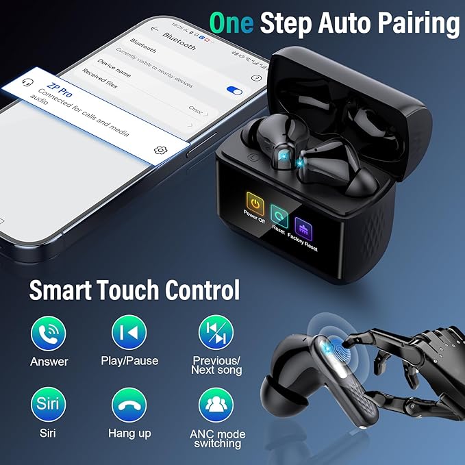 Wireless Earbuds with Touch Screen, Bluetooth 5.4 Headphones, ANC/ENC Noise Cancelling, 48H HiFi Stereo Bluetooth Ear Buds with 5 EQ Modes, Transparency Mode, IPX7 Earphones, Darkblack