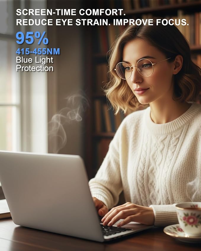 Brigtlaiff Round Blue Light Blocking Glasses for Men Women, Computer Gaming TV Glasses Anti Eyestrain with Metal Frame