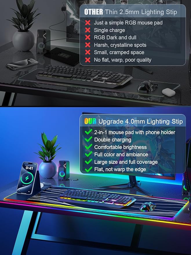XXL Mouse Pad with Foldable Phone Holder - Black, RGB Desk Mat with 15W Fast Charging, LED Gaming Mousepad with 11 Light Colors, Waterproof Non-Slip Pad (Stand XXL RGB Wavy)