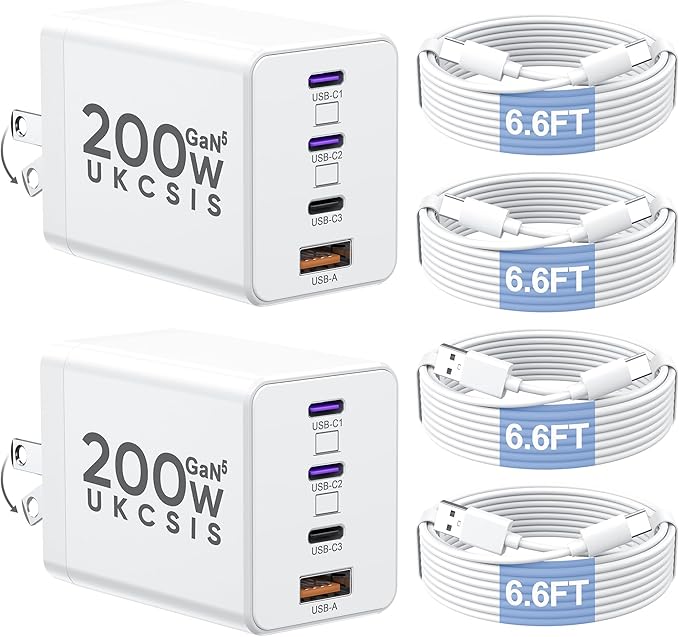 2 Pack 200W USB C Charger Block, Foldable 4-Port GaN5 Fast Type C Charging Block, Dual 65W Laptop Super Fast Charger USB C, Adapter for MacBook Pro/Air, iPad Pro, iPhone 17/16/15Pro, S25/S24 and More