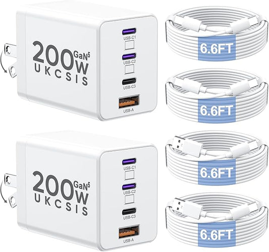 2 Pack 200W USB C Charger Block, Foldable 4-Port GaN5 Fast Type C Charging Block, Dual 65W Laptop Super Fast Charger USB C, Adapter for MacBook Pro/Air, iPad Pro, iPhone 17/16/15Pro, S25/S24 and More