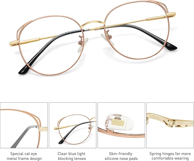 SOJOS Cat Eye Blue Light Blocking Glasses for Woman Hipster Metal Frame Womens Eyeglasses She Young SJ5027